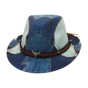Kids western cowboy hat with denim print texture and silver bull skull metal emblem