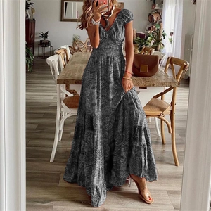 Bohemian paisley print maxi dress with V-neck and elastic high waist for women