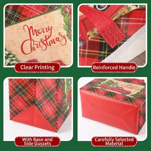Christmas plaid non-woven gift bag with red truck design and reinforced handles