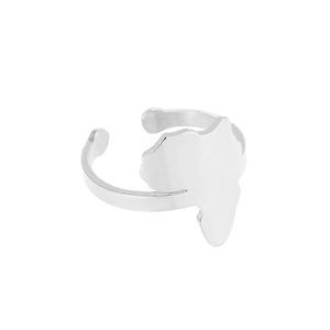Detailed view of silver stainless steel adjustable ring with African map silhouette