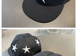 Détail d'étoiles blanches brodées sur une casquette de baseball noire à bord plat