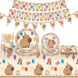 Complete Capybara themed birthday party tableware set with plates, cups and banners