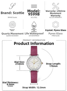 Detailed dimensions of the vintage gold watch with 27mm case and purple strap