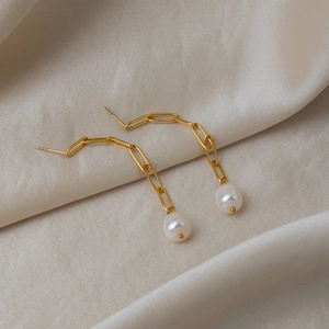 Elegant 18K gold plated stainless steel drop earrings with white freshwater pearls