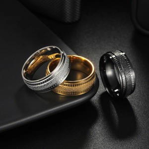 Brushed matte stainless steel wedding rings for men in silver, gold, and black colors