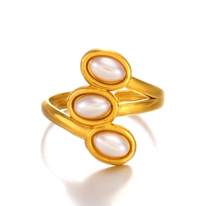 Golden stainless steel adjustable open ring featuring three elegant oval white pearls