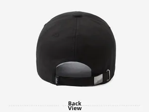 Rear view of black cotton baseball cap showing metal buckle and SPORT woven label
