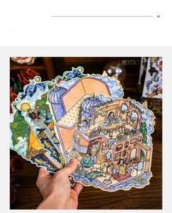 Detail of dream-like illustration stickers with vintage architecture and unique cutout shapes