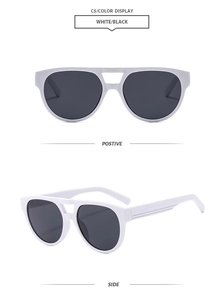 Detailed front and side view of white double-bridge sunglasses with black lenses