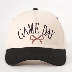Vintage GAME DAY baseball cap with beige crown, black brim and brown bow embroidery