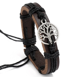 Retro Tree of Life braided leather bracelet with silver pendant and adjustable cord