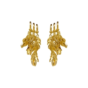 Golden wheat-shaped geometric drop earrings with layered leaves on white background