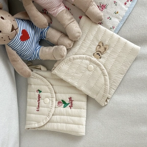 Quilted cotton sanitary pouch with bear and tulip embroidery and button closure