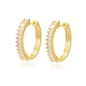 Elegant gold plated hoop earrings with channel set rectangular cz stones on white background