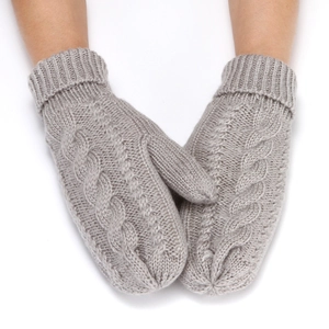 Detail showing grey cable knit texture and ribbed cuffs of winter thermal mittens