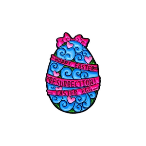 Colorful enamel Easter egg brooch with Happy Easter banners on a white background