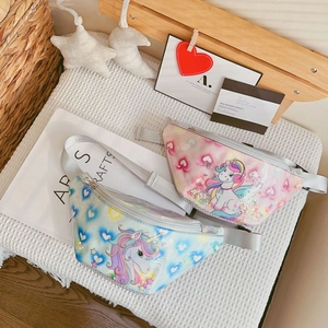 Cute PVC unicorn waist bags for kids in pink and blue iridescent finish with heart patterns