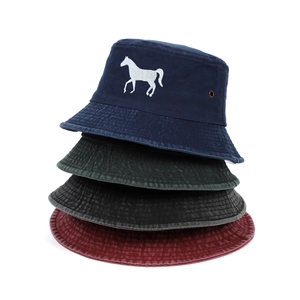Chapeau Bob Coton Lavé Broderie Cheval Œillets Métalliques Respirants Sport Plein Air Casquette Solaire Unisexe