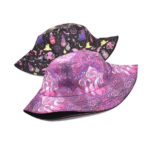 Magic mushroom pattern bucket hats for women, outdoor leisure sun hats in black and purple