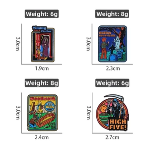Detail set of four dark humor enamel pins showing dimensions and weights of each brooch