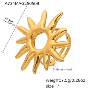 Detail shot of 18k gold plated hollow sun ring with dimensions and product weight info