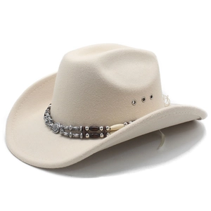 Beige wool felt western cowboy hat with beaded band and vintage metal buckle on white background
