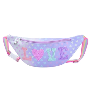 Detail of purple waist bag with glitter LOVE letters and rainbow adjustable strap