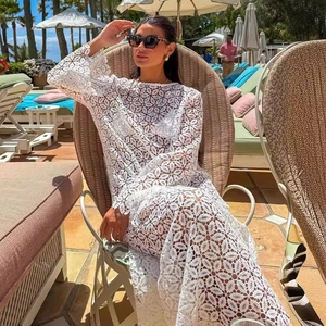 White Crochet Lace Maxi Dress Long Sleeve Hollow Out Round Neck Beach Vacation Cover Up For Women