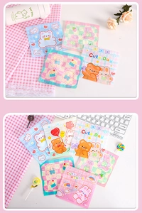 Cute cartoon bear and rabbit ziplock bags on pink checkered background decor