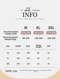 Detailed size chart for thick plush bathrobe showing length and bust measurements