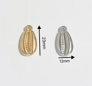 Close-up of gold and silver plated shell pendants showing 23mm x 12mm dimensions