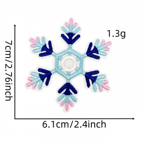 Detailed view of colorful snowflake embroidery patch with exact size and weight dimensions