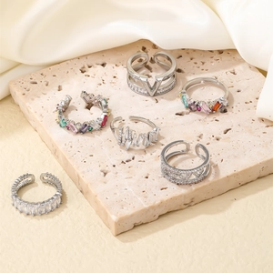 Set of 6 adjustable silver-tone open rings with colorful zircon and crown designs