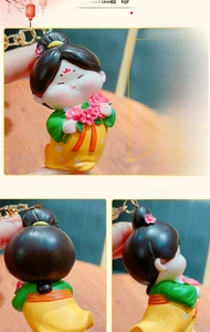 Detail of cute cartoon vinyl girl doll keychain showing front side and back views