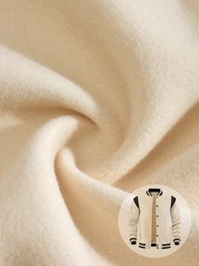 Macro shot of fleece texture on a beige varsity baseball jacket with striped collar detail