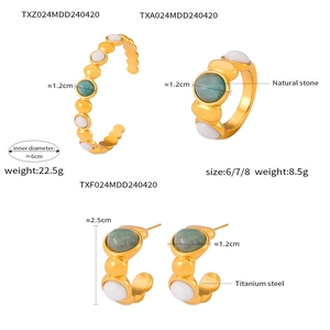 Detail showing titanium steel jewelry set with natural stones, sizes and weight specs