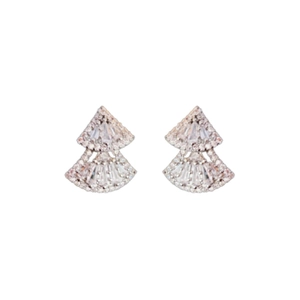 Silver-plated double-layer fan earrings with sparkling white zircons on a white background