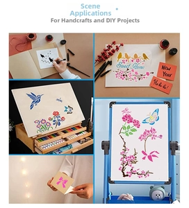 DIY painting stencils showing floral and animal patterns applied to notebooks and boxes