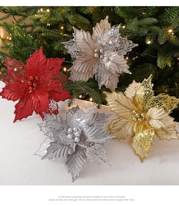 Detailed view of 24cm glitter Christmas flowers in red, gold and champagne colors