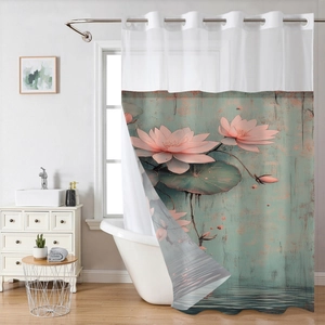 Detail of floral lotus shower curtain with silver metal eyelets and waterproof fabric