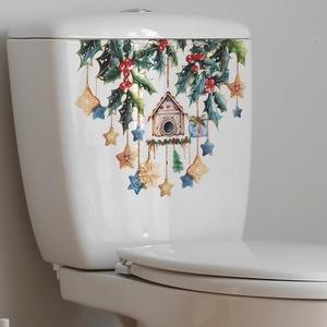 Christmas pinecone house toilet decal with watercolor holly berries on white ceramic tank
