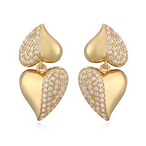Elegant gold-plated double heart drop earrings with shimmering white zircon crystals