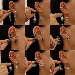 Vintage Gothic earring set with skull, spider, and bat ear cuffs for women