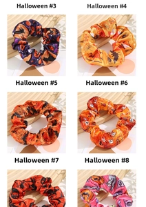 Collection of Halloween satin scrunchies featuring festive pumpkins, bats and spiders