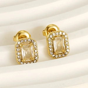 Double-layered gold square stud earrings with pavé crystal halo and central diamond