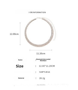 Detailed size chart for multi-row rhinestone silver choker with dimensions and lobster clasp