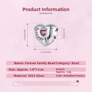 Macro shot of S925 silver heart bead with pink gemstone and forever family engraving