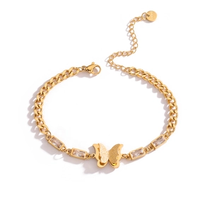 Detail of gold butterfly bracelet showing cubic zirconia stones and S.steel hallmark