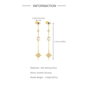 Detailed size and weight specs for long S925 sterling silver star and eye tassel earrings