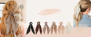 Detail of 6-piece silky satin bow hair scrunchies set in elegant neutral earth tones